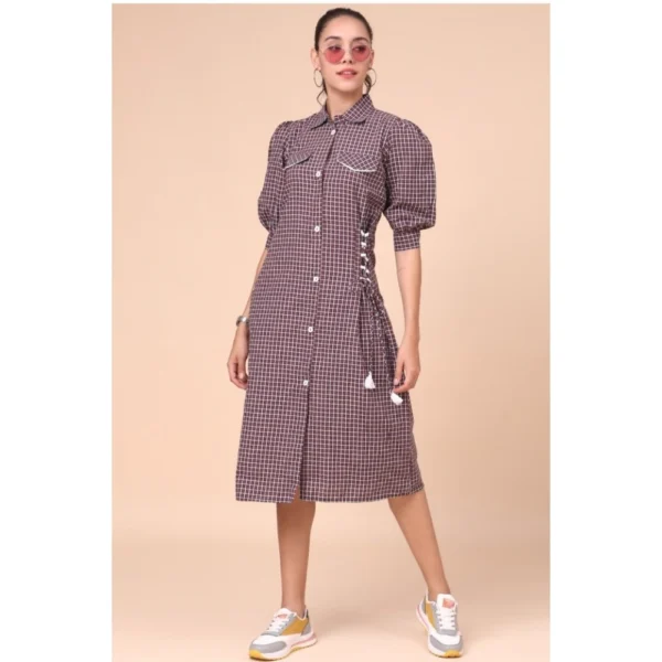 Women's Cotton Check Printed Dresses (Dark Pink)