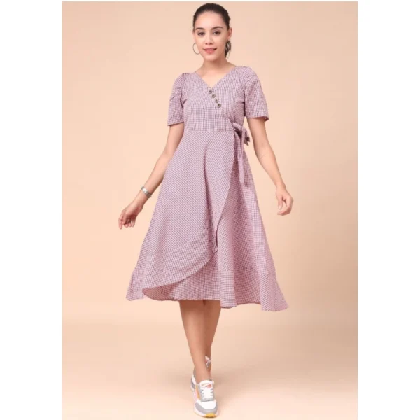 Women's Cotton Check Printed Dresses (Light Pink)