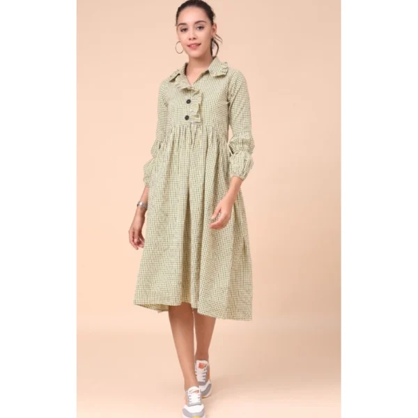 Women's Cotton Check Printed Dresses (Light Green)