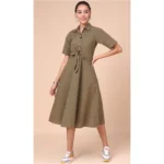 Women's Cotton Check Printed Dresses (Mehandi Green)