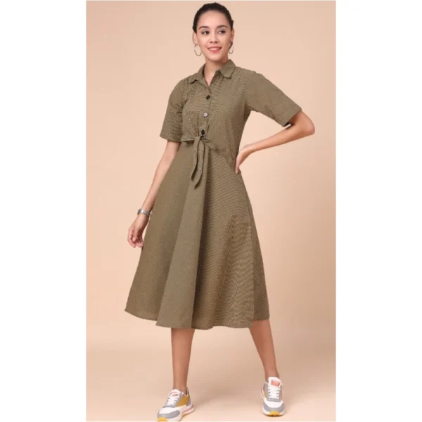 Women's Cotton Check Printed Dresses (Mehandi Green)