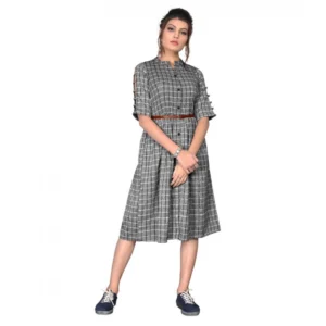 Women's Cotton Check Printed Dresses (Grey)