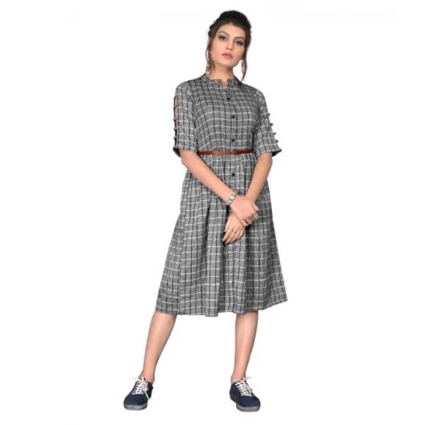 Women's Cotton Check Printed Dresses (Grey)