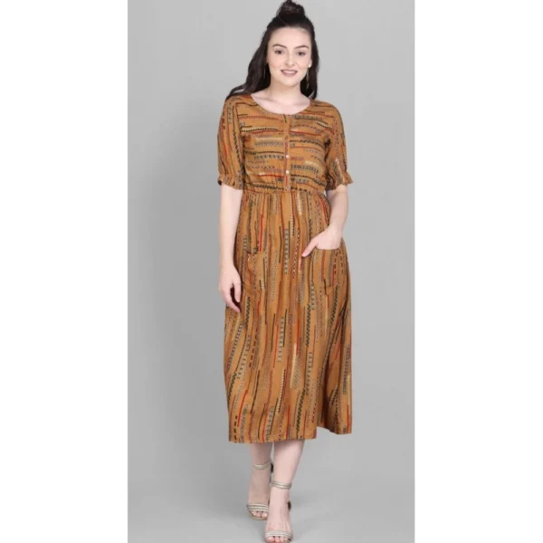 Women's Rayon Foil Printed Dresses (Mustard Yellow)