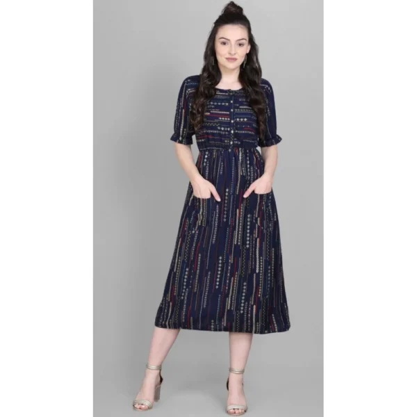 Women's Rayon Foil Printed Dresses (Navy Blue)