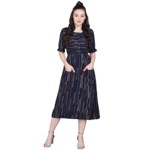 Women's Rayon Foil Printed Dresses (Navy Blue)