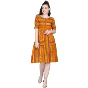 Women's Rayon Foil Printed Dresses (Mustard Yellow)