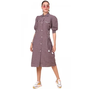 Women's Cotton Check Printed Dresses (Dark Pink)