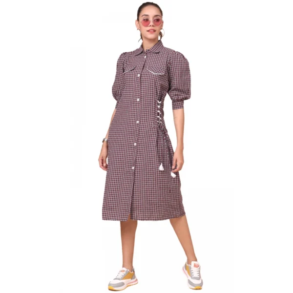 Women's Cotton Check Printed Dresses (Dark Pink)