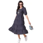 Women's Cotton Check Printed Dresses (Navy Blue)