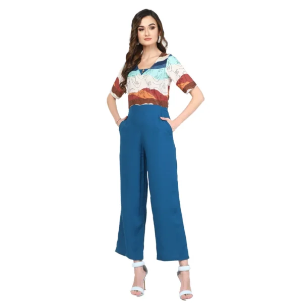 Women's Poly Rayon Printed Plain Jumpsuit (Blue)