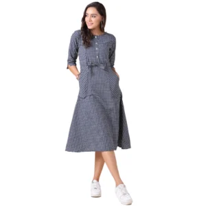 Women's Cotton Check Printed Dresses (Grey)