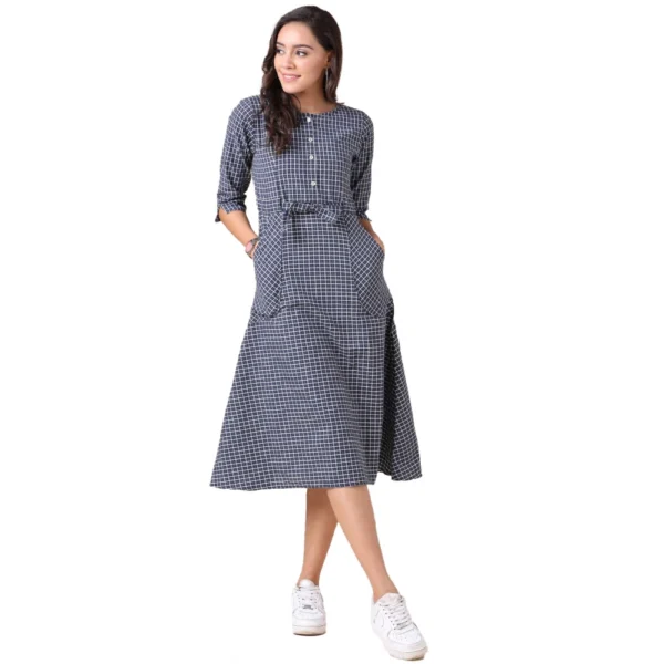 Women's Cotton Check Printed Dresses (Grey)