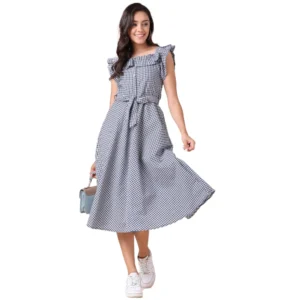 Women's Cotton Check Printed Dresses (Light Grey)