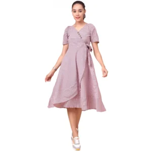 Women's Cotton Check Printed Dresses (Light Pink)