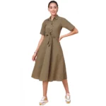 Women's Cotton Check Printed Dresses (Mehandi Green)