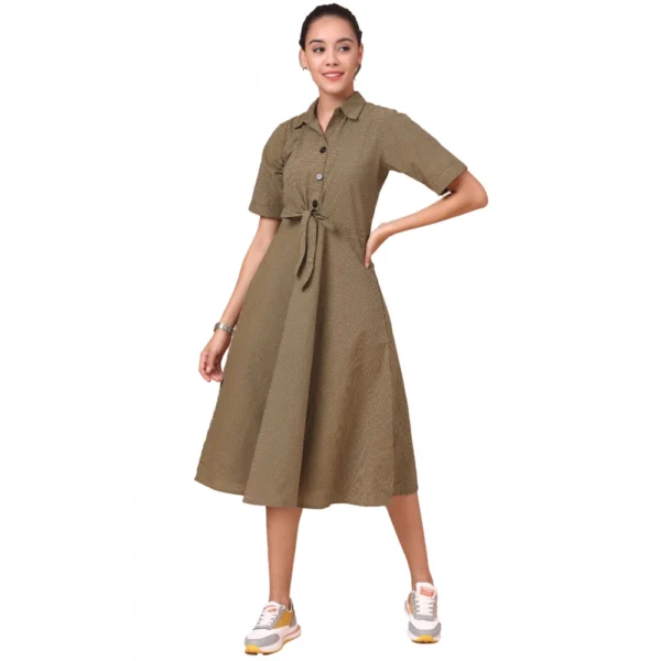 Women's Cotton Check Printed Dresses (Mehandi Green)