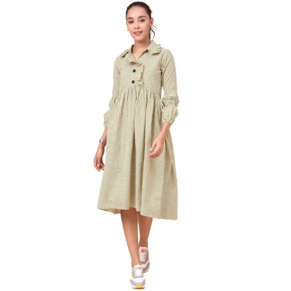 Women's Cotton Check Printed Dresses (Light Green)