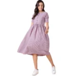 Women's Cotton Check Printed Dresses (Light Pink)