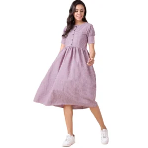 Women's Cotton Check Printed Dresses (Light Pink)