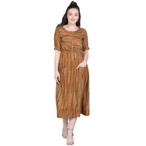 Women's Rayon Foil Printed Dresses (Mustard Yellow)