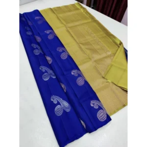 Women's Borderless Kanjivaram Silk Sarees With Unstitched Blouse (Blue)