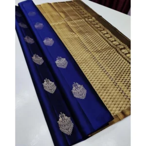 Women's Borderless Kanjivaram Silk Sarees With Unstitched Blouse (Blue)