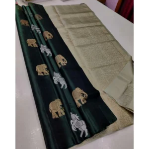 Women's Borderless Kanjivaram Silk Sarees With Unstitched Blouse (Green)