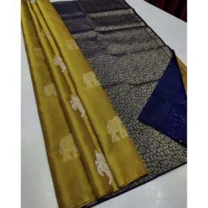 Women's Borderless Kanjivaram Silk Sarees With Unstitched Blouse (Mustard Yellow)