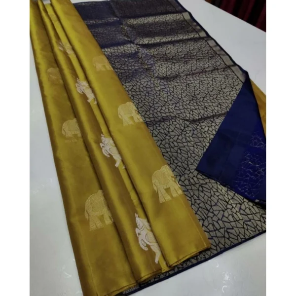 Women's Borderless Kanjivaram Silk Sarees With Unstitched Blouse (Mustard Yellow)