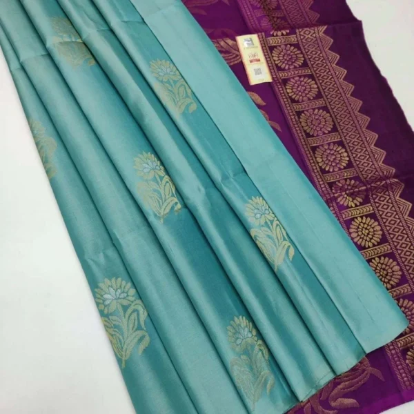 Women's Borderless Kanjivaram Silk Sarees With Unstitched Blouse (Light Blue)