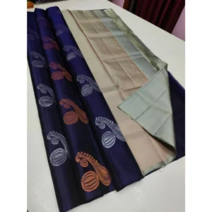 Women's Borderless Kanjivaram Silk Sarees With Unstitched Blouse (Navy Blue)