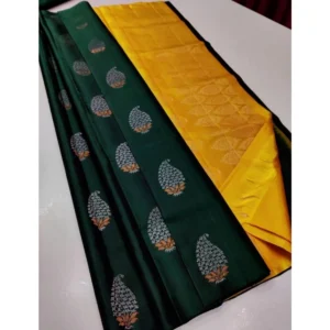 Women's Borderless Kanjivaram Silk Sarees With Unstitched Blouse (Dark Green)