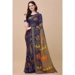 Women's Viscose Rayon Printed Saree With Unstitched Blouse (Navy Blue)