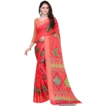 Women's Viscose Rayon Printed Saree With Unstitched Blouse (Red)