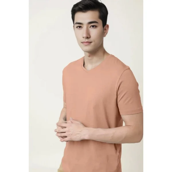 Men's Casual Half sleeve Solid Cotton V Neck T-shirt (Peach)