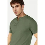 Men's Casual Half sleeve Solid Cotton Henley Neck T-shirt (Olive)