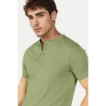 Men's Casual Half sleeve Solid Cotton Henley Neck T-shirt (Pista)