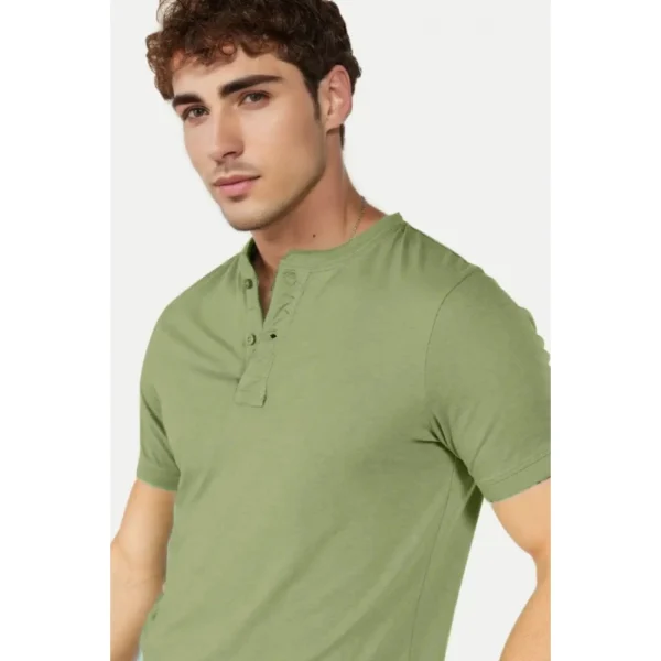Men's Casual Half sleeve Solid Cotton Henley Neck T-shirt (Pista)