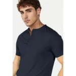 Men's Casual Half sleeve Solid Cotton Henley Neck T-shirt (Airforce)
