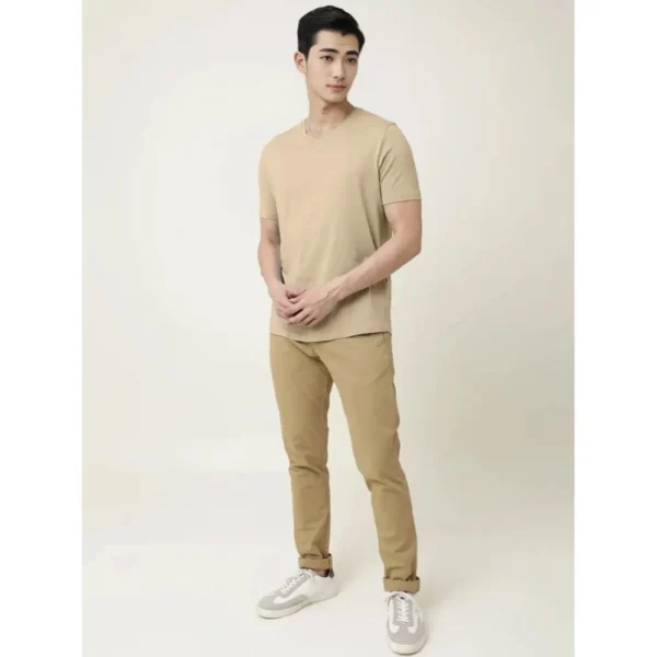 Men's Casual Half sleeve Solid Cotton V Neck T-shirt (Beige)