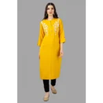 Women's Embroidered Calf Length Rayon Kurti (Yellow)