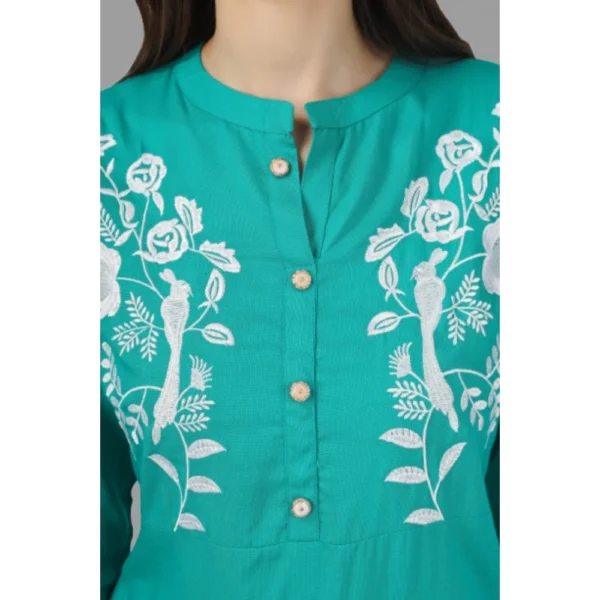 Women's Embroidered Calf Length Rayon Kurti (Turquoise )