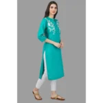 Women's Embroidered Calf Length Rayon Kurti (Turquoise )