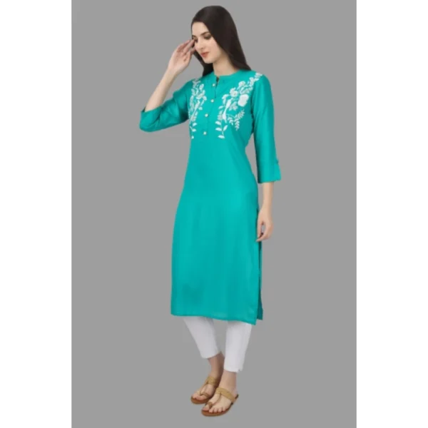 Women's Embroidered Calf Length Rayon Kurti (Turquoise )