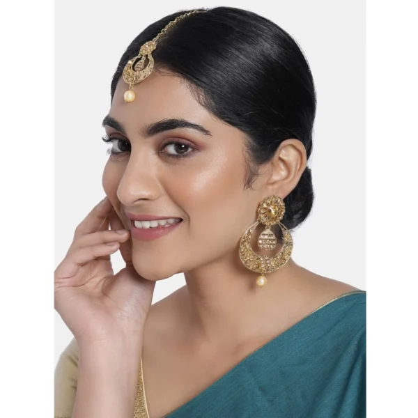 Women's Rose Gold Plated Alloy Kundan Earrings & Mangtikka (Gold)