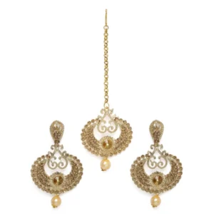Women's Rose Gold Plated Alloy Kundan Earrings & Mangtikka (Gold)
