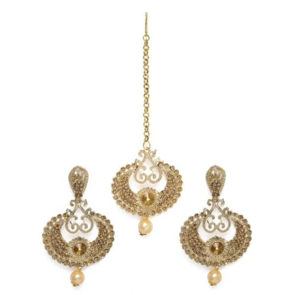 Women's Rose Gold Plated Alloy Kundan Earrings & Mangtikka (Gold)
