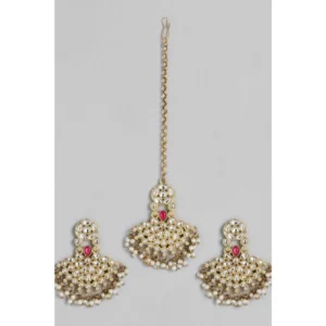 Women's Rose Gold Plated Alloy Kundan Earrings & Mangtikka (White)