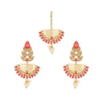 Women's Rose Gold Plated Alloy Kundan Earrings & Mangtikka (Gold & Red)